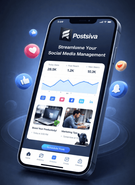 Postsiva mobile app — dashboard, composer, and workspace on your phone