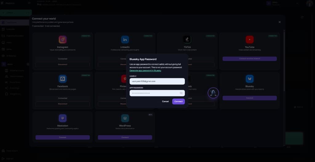 Postsiva Bluesky App Password dialog with handle and app password fields