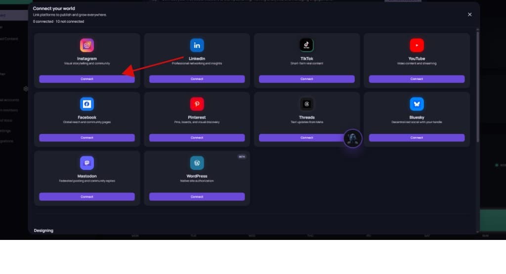 Connect your world modal with Connect highlighted on the Instagram card