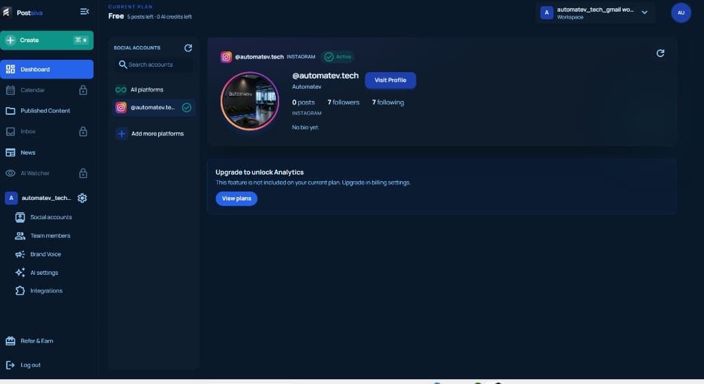 Postsiva Social accounts page with a connected Instagram profile Active