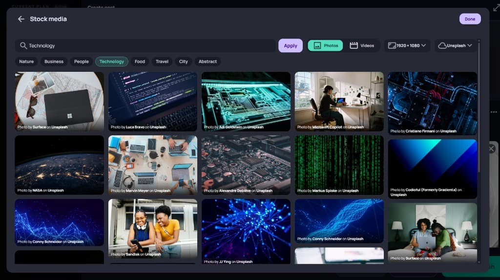 Stock media browser with Technology category, Unsplash photos, and Done