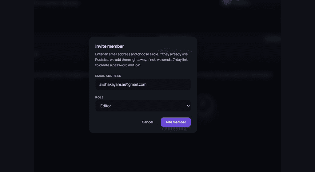 Invite member modal with email address, Editor role, Cancel, and Add member