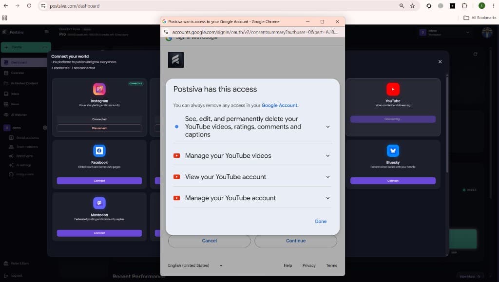 Google OAuth screen listing YouTube permissions requested by Postsiva